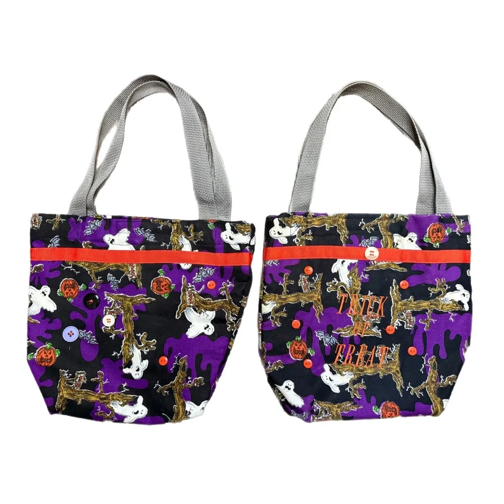 Halloween Trick or Treat Bag Tote Ghosts Pumpkins Purple Spooky (Set of‎ 2)